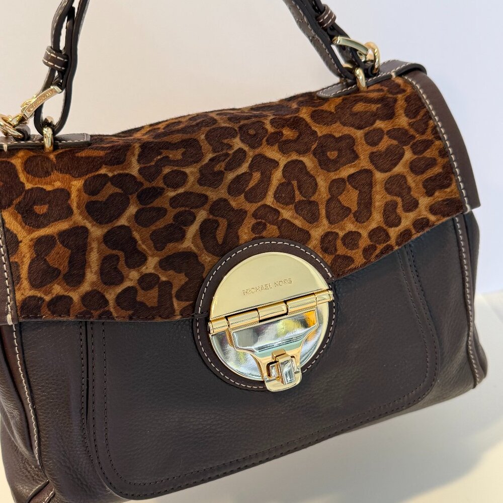 Michael Kors Satchel Leopard Calf Skin Flap Top Handel Dk Brown Pebbled Leather